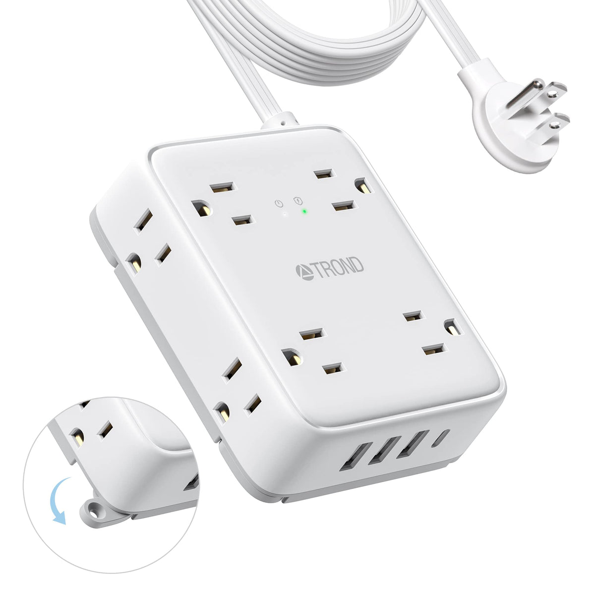 Surge Protector Power Strip With Usb, Trond Ultra Thin Flat Plug 15Ft Extension Cord 1625W, 3 Usb A & 1 Usb C, 8Ac Outlets 1440J