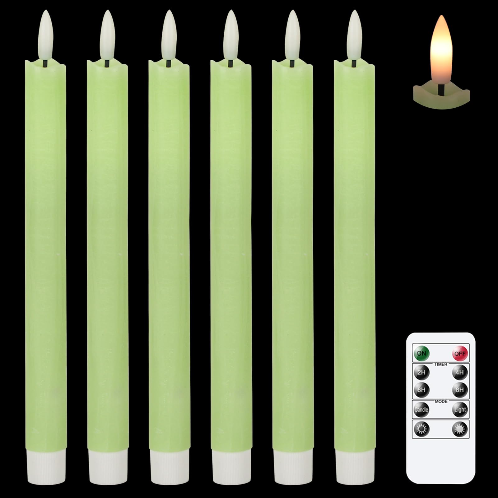 Genswin Flameless Green Taper Candles Flickering With 10 Key Remote, Battery Operated Led Warm 3D Wick Light Window Candles Real