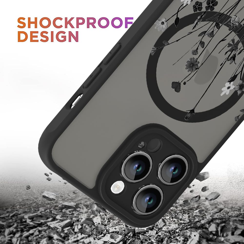 Ook Magnetic For Iphone 13 Pro Case [Compatible With Magsafe] Black Wild Flower Slim Translucent Matte Case For Iphone 13 Pro Ca