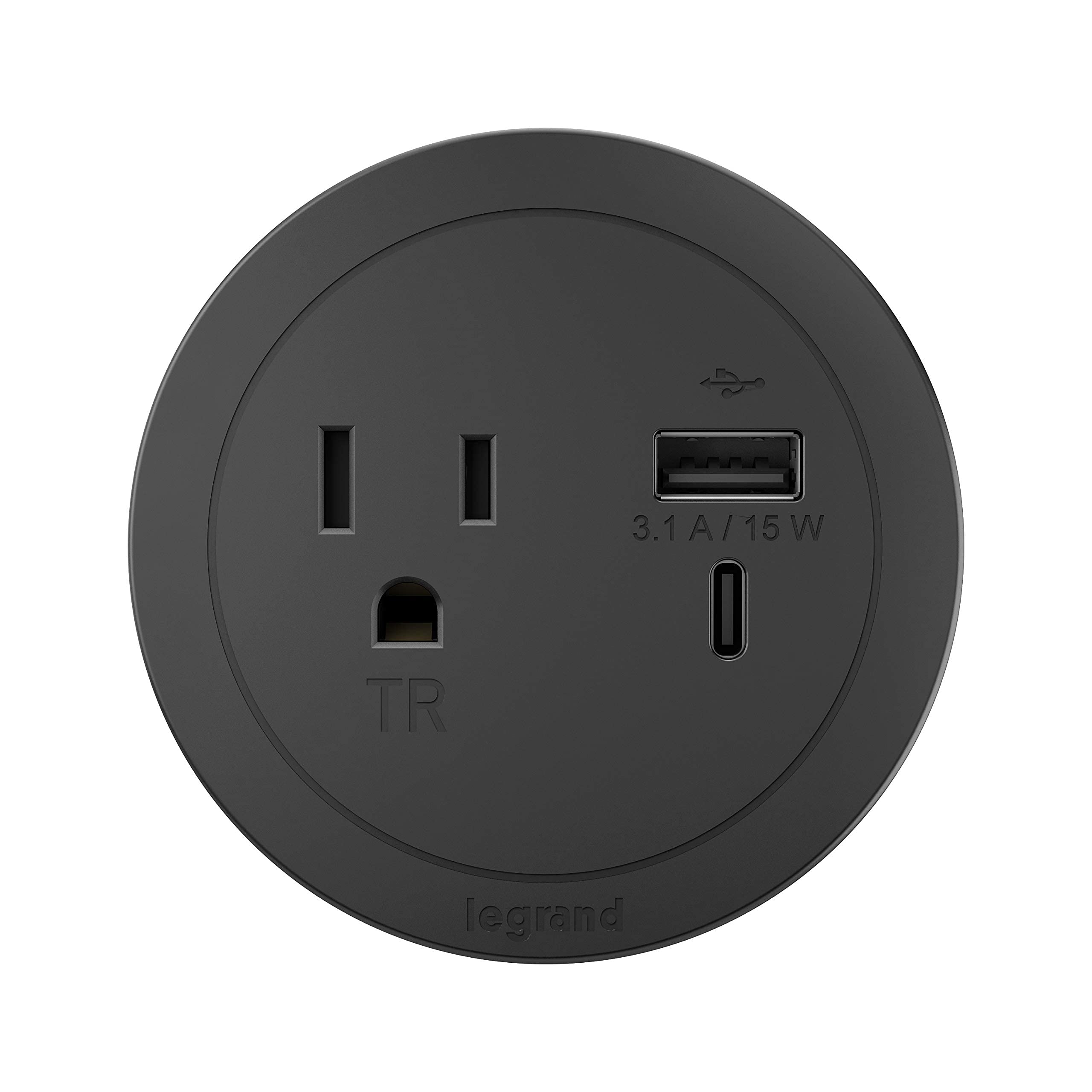 Legrand Wiremold Rfpcruauc Bk Round Furniture Power Center With Usb, 1 Outlet, Type A/C Usb, 6 Foot Cord, Black