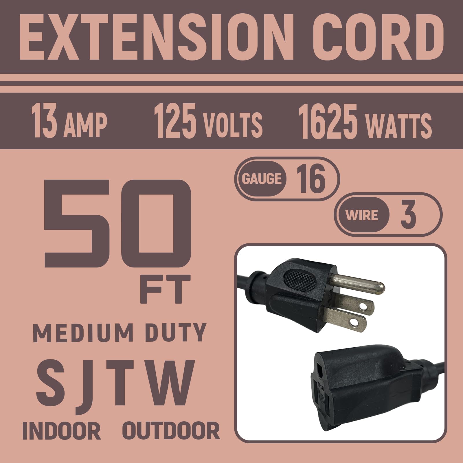 Greenprosper 50 Ft Indoor Outdoor Black Extension Cord, 16 Gauge Waterproof Electrical Power Cable, 16/3 Sjtw 3 Prong Grounded P