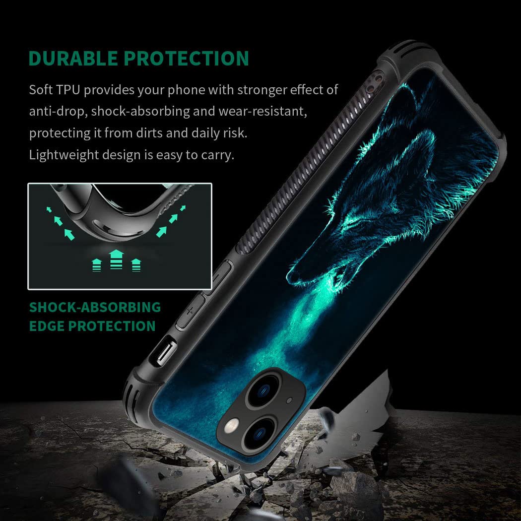 ZHEGAILIAN iPhone 14 Case Nebula Wolf Tempered Glass Back Soft Silicone TPU 6.1-inch