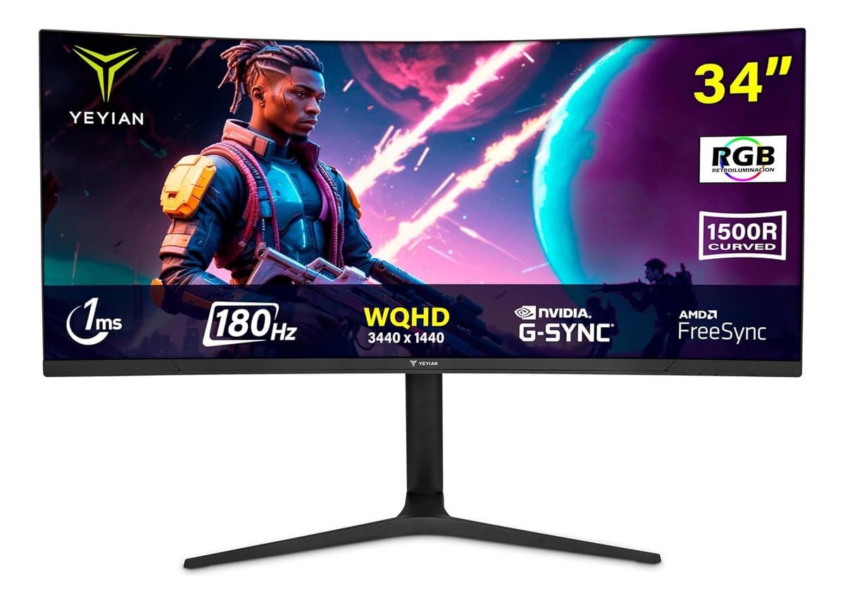 YEYIAN 34    Ultrawide Curved Gaming Monitor, 180Hz, 1ms, WQHD 3440  1440, 1500R VA Panel, sRGB 129%, DCI-P3 92%, FreeSync, HDR1