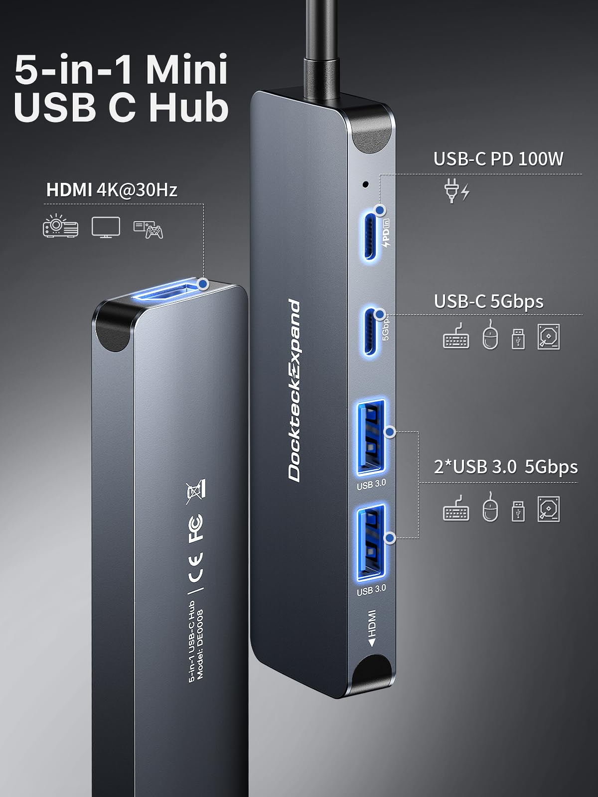 Usb C Hub, Dockteckexpand Usb C To Usb Adapter (5 In 1) With 4K Hdmi, 100W Power Delivery, 5Gbps Usb C Data Port & 2 5Gbps Usb A