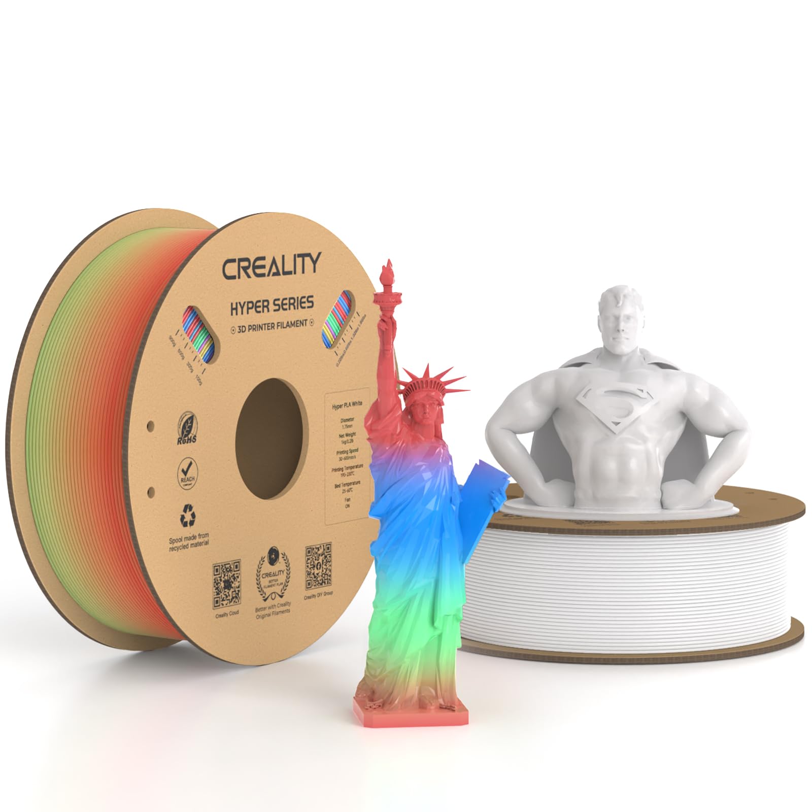 Official Creality Hyper PLA Filament 1.75mm White & Rainbow 2KG, 30-600mm/s High Speed PLA Rapid 3D Printer Filament, 2 Pack 1kg