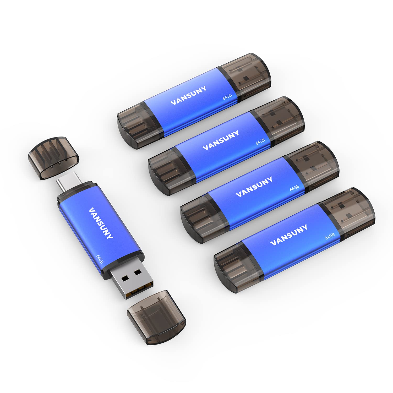 Vansuny 64Gb 5 Pack Usb Type C Flash Drives 2 In 1 Dual Flash Drive Usb A + Usb C Otg Flash Drive For Android Smartphone Tablet Computer Laptop (Blue)