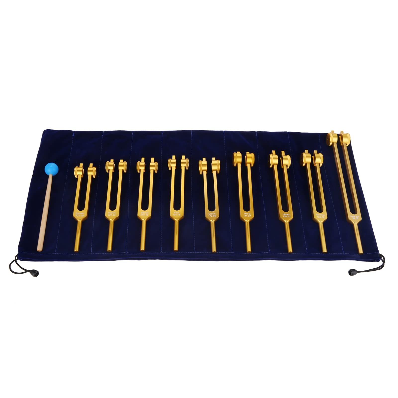 Weighted Chakra Tuning Fork Of 9 Gold, 8 Chakra + 1 Soul Purpose Tuning Forks With Hammer And Bag