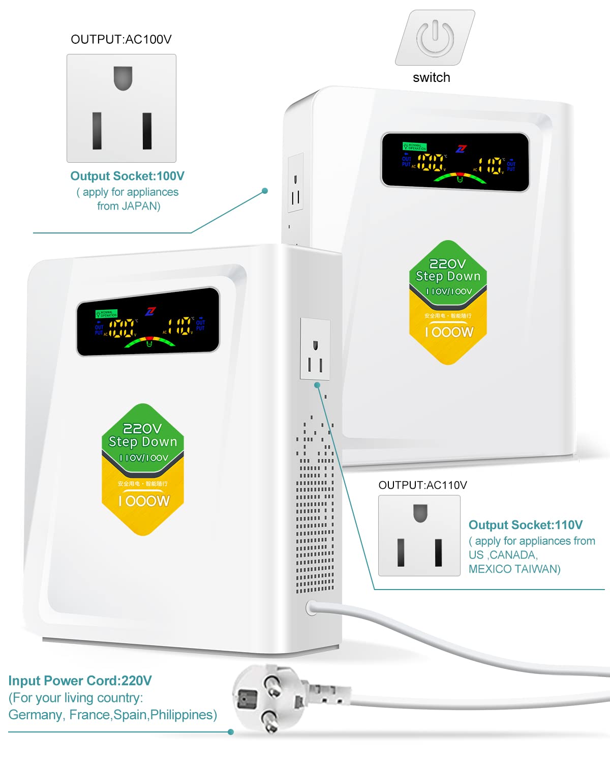 220V To 110V Step Down Transformer 1000W Power Voltage Converters, No Noise, Ten Protection Functions, Suit For Coffee Machines,