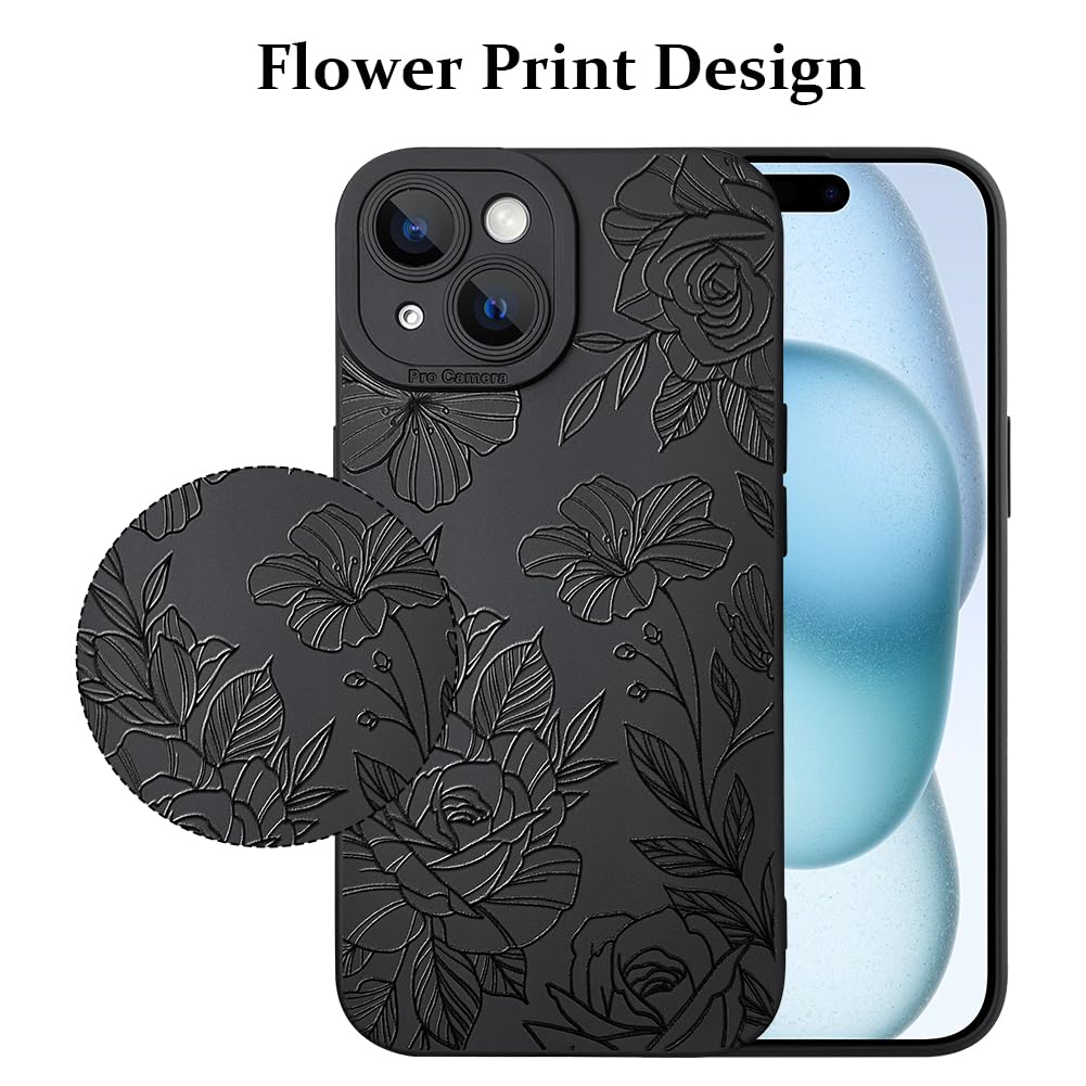Lsl Case For Iphone 15 Black Floral Flower Pattern Print Case Soft Tpu Full Camera Lens Anti Drop Anti Scratch Shockproof Protec