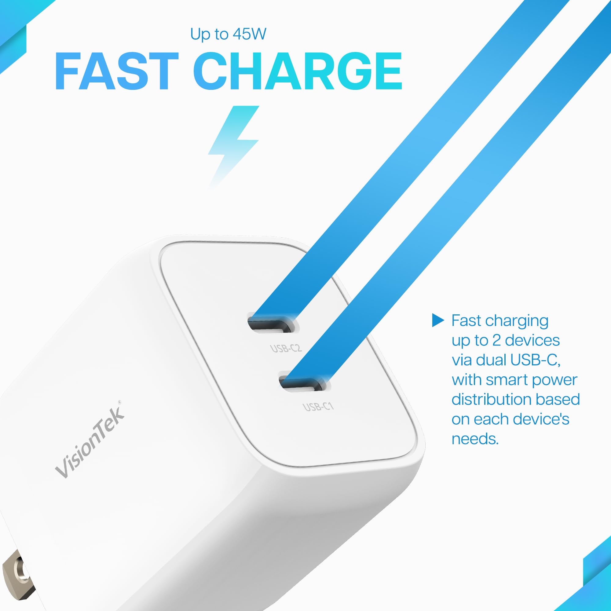 Visiontek Gan Ii 45W Wall Fast Charger - Dual Usbc Ports - 2X Usb-C - Compatible With Macbook Air, Ipad, Iphone, Galaxy, Steam D
