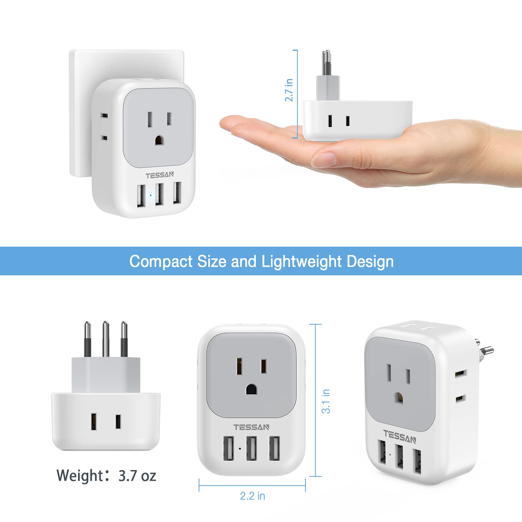 Tessan Brazil Plug Adapter, Us To Brazil Power Adapter With 4 American Outlets And 3 Usb Charging Ports, Type N Travel Adaptor F