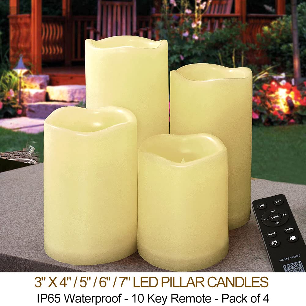 Home Most Set Of 4 Led Pillar Candles Outdoor Ip65 Waterproof 3X4 3X5 3X6 3X7 Cream Color   Pillar Candles Battery Powered With