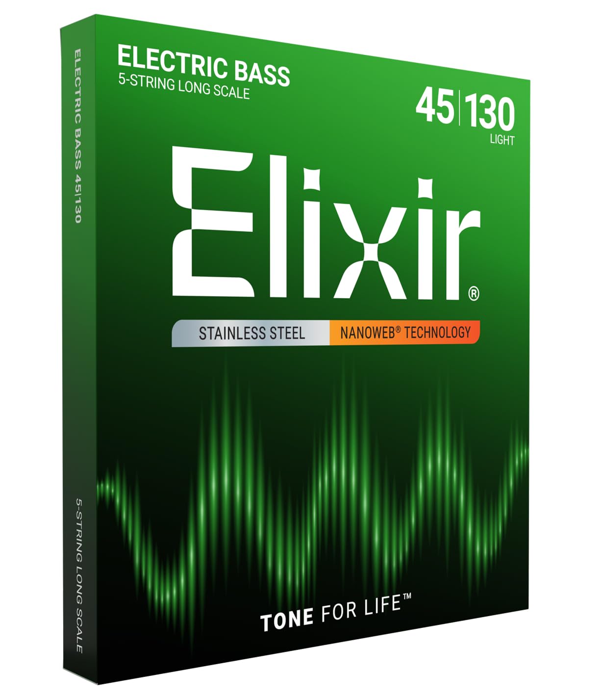 Elixir Strings Stainless Steel 5 String Bass Strings W Nanoweb Coating, Long Scale, Light (.045 .130)
