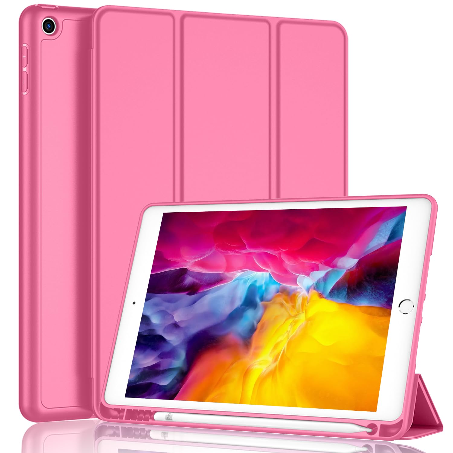 Imieet Ipad 9Th Generation Case 2021/Ipad 8Th Generation Case 2020 10.2 Inch With Pencil Holder, Ipad 7Th Gen 2019 Case With Soft Baby Skin Silicone Back, Auto Wake/Sleep Cover (Peach Red)