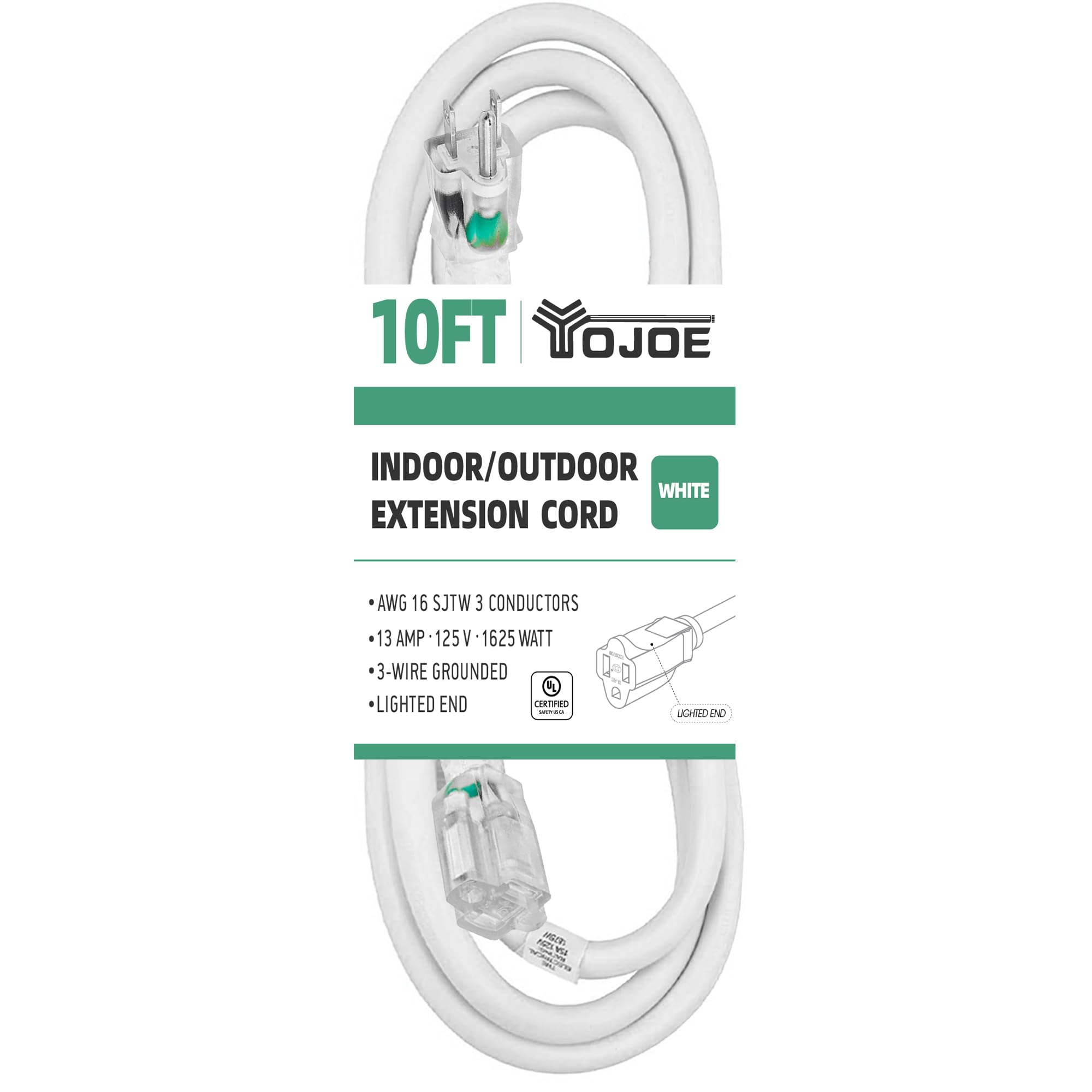 Yojoe Indoor Outdoor Extension Cord With Lighted End, 3 Prong 13A Weatherproof Power Extension Cord, 16 Gauge Heavy Duty 10 Ft W
