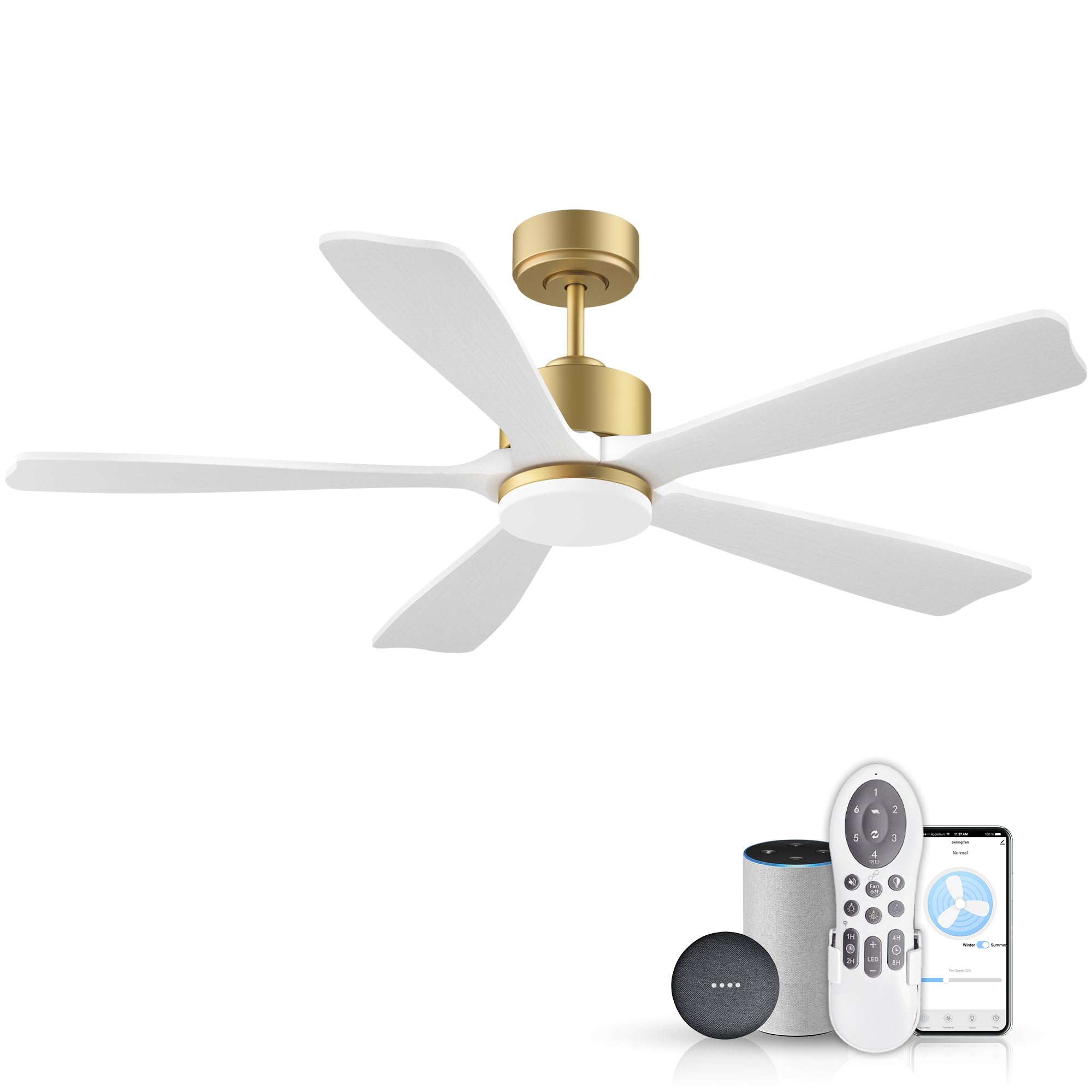 52 Inch Smart Ceiling Fan with Light,Wood Ceiling Fan Voice Control via WIFI Alexa App,Quiet DC Motor,Dimmable LED,Modern Outdoo