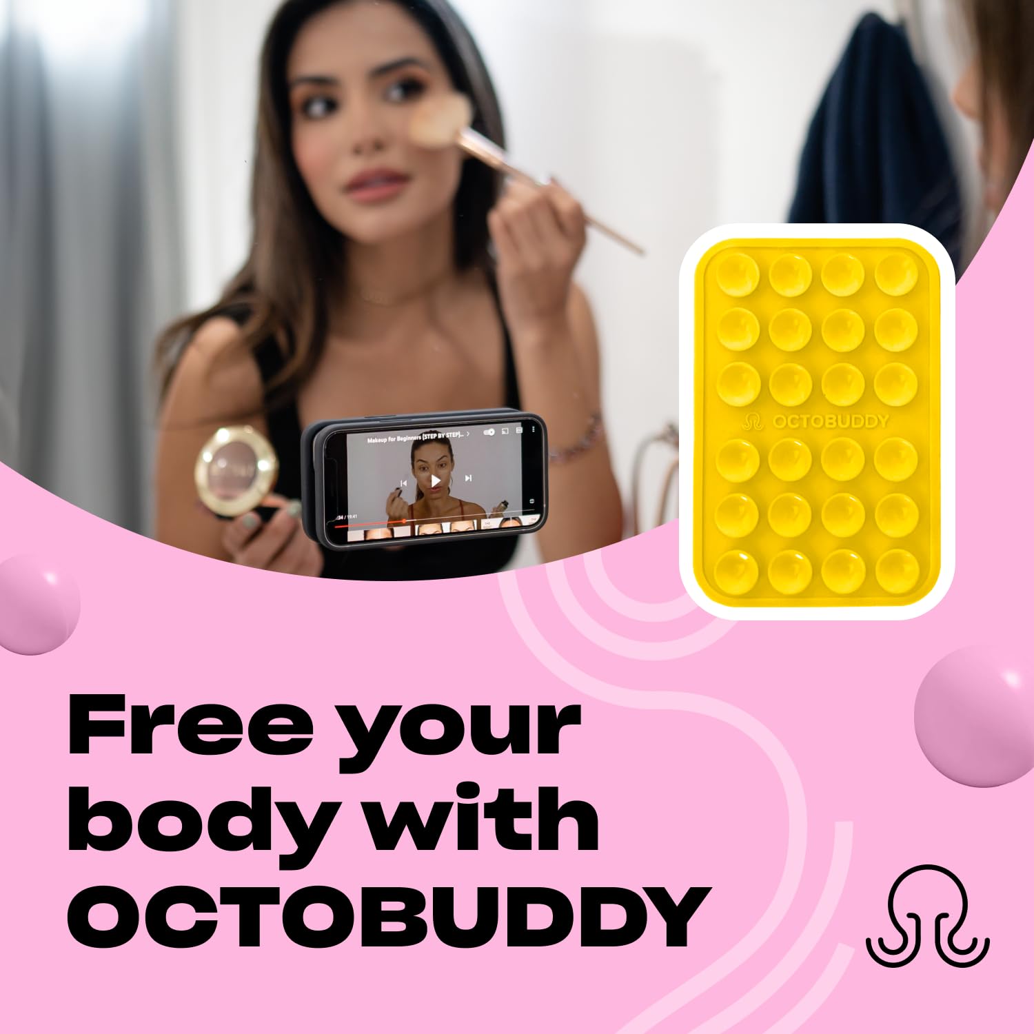 Octobuddy Classic Max - Silicone Suction Phone Case Adhesive Mount - Hands-Free, Strong Grip Holder For Selfies And Videos - Iph