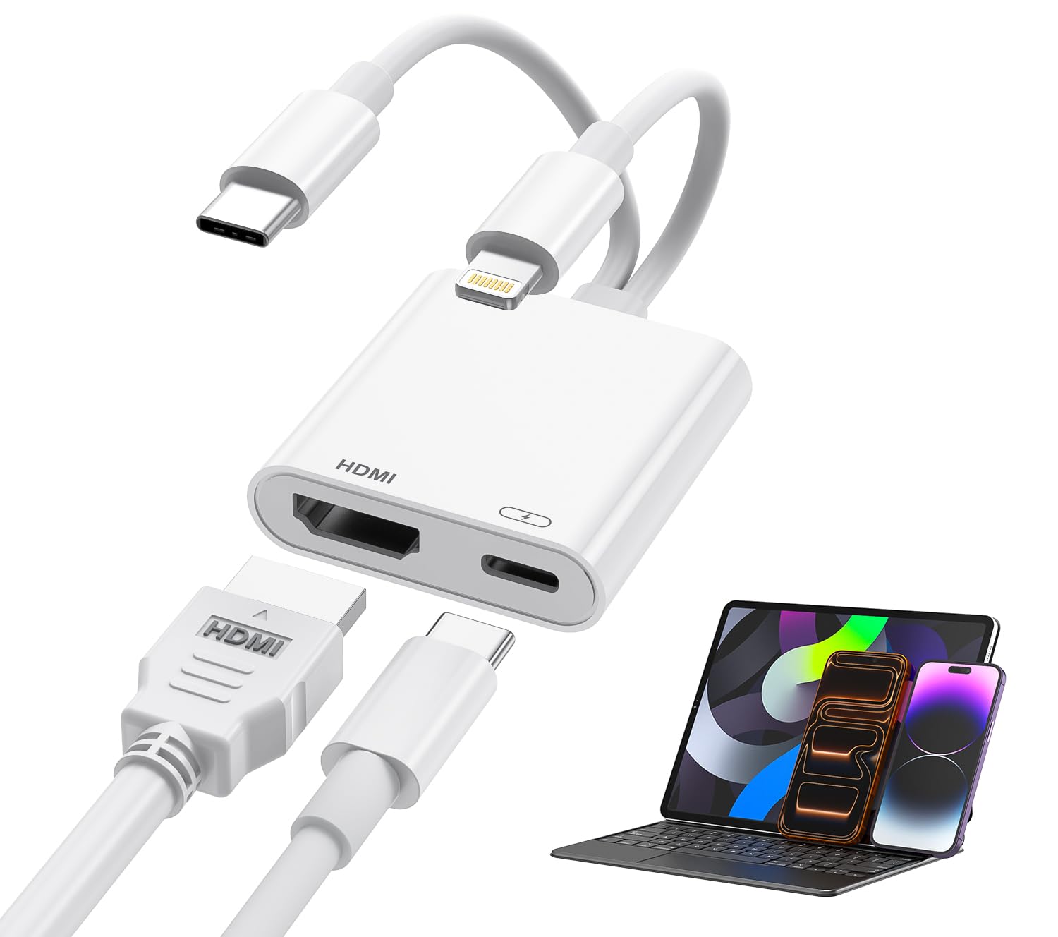 Ardaddyn USBC and Lightning to HDMI Adapter, 4K 60Hz, MFi, 100W Charging