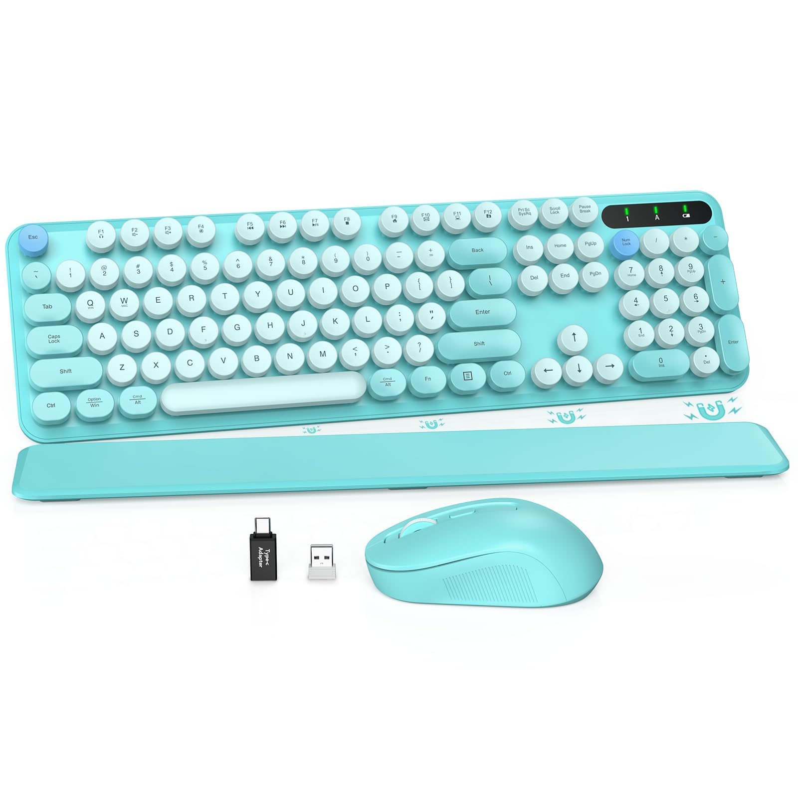 Wireless Keyboard And Mouse Combo, Colorful Keyboard With Round Keycaps, Full Size Retro Typewriter Keyboard With Detachable Wri