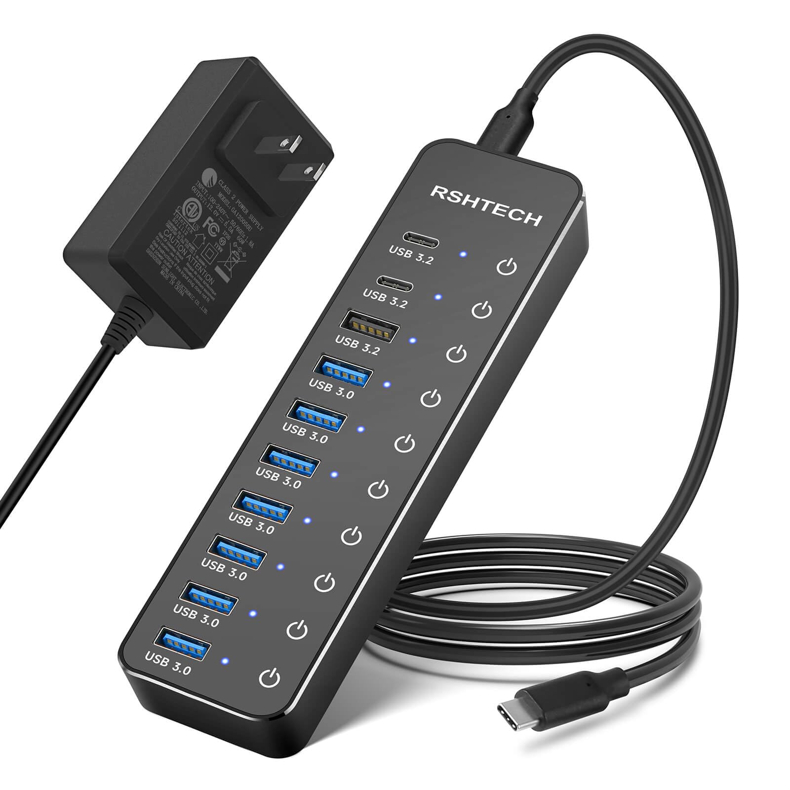 Powered Usb Hub, Rshtech 10 Port Usb 3.2/Usb C Hub 60W With 10Gbps Usb A 3.2, 2 Usb C 3.2, 7 Usb 3.0 Ports, Individual Touch Swi