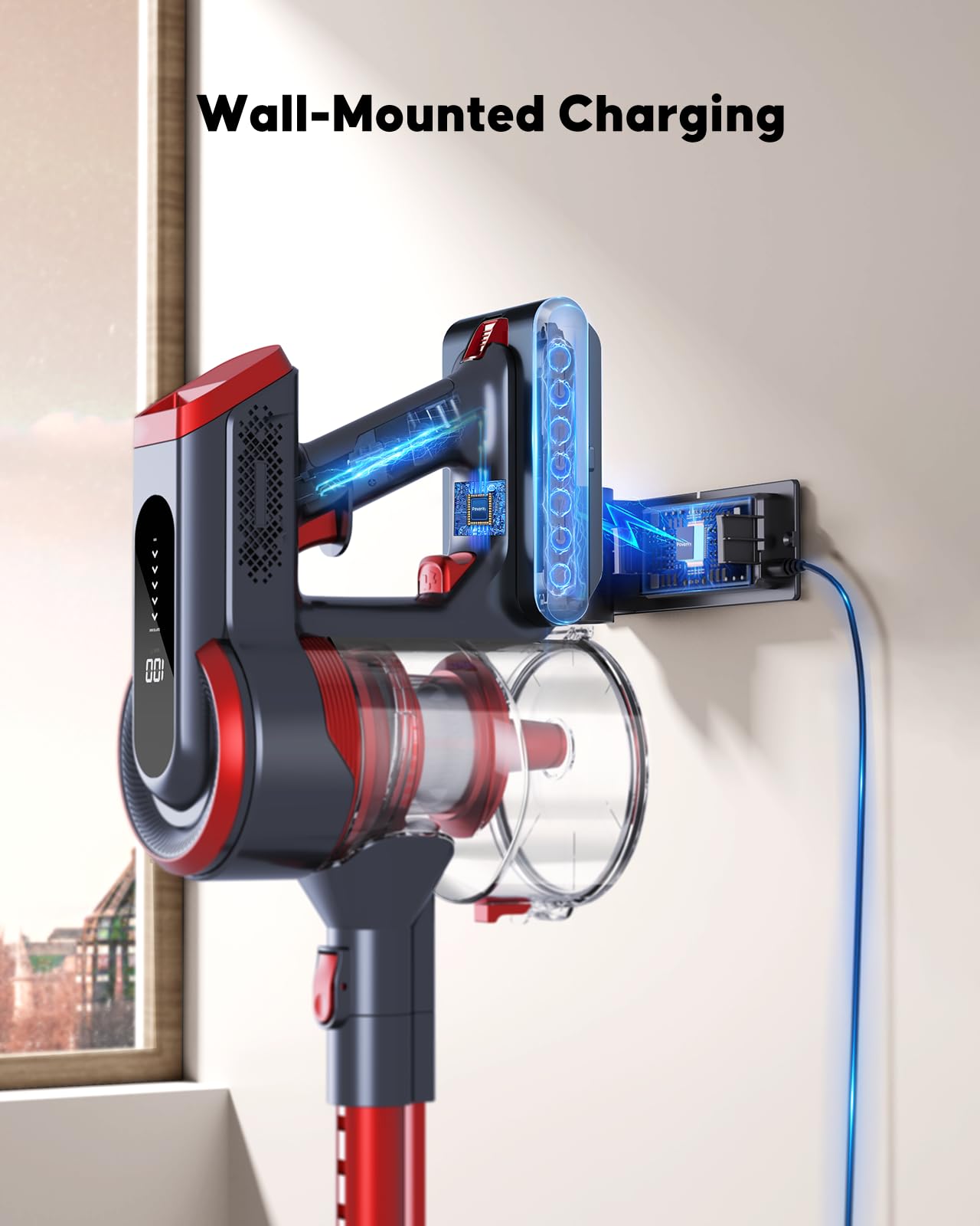 Powerffy Cordless Vacuum Cleaner, 40Kpa/450W Stick Vacuum Cleaner Up To 55 Mins Runtime With Led Touch Screen, Handheld Anti Tan