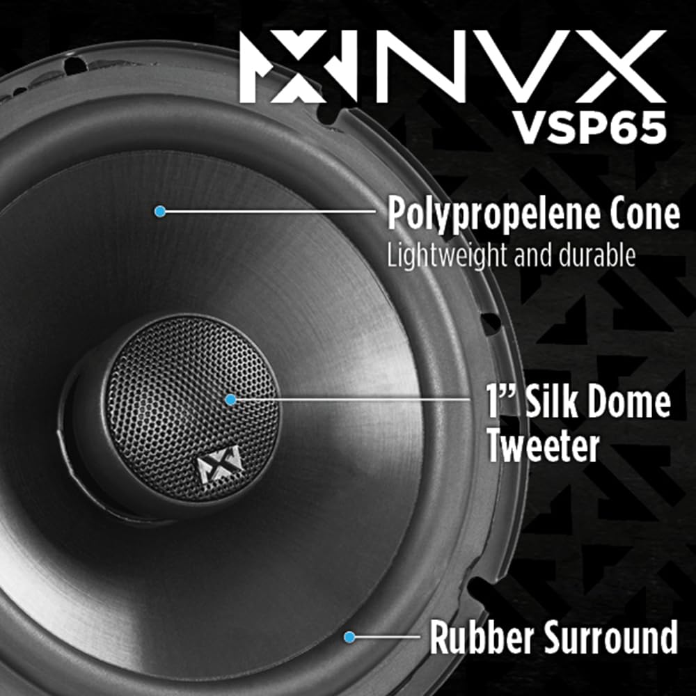 Nvx Vsp65 6.5 Premium Car Speakers, 600W Max, 200W Rms, 2-Way 6-1/2 Inch Coaxial W/ 1 Silk Dome Tweeters & Built-In X-Overs, Eas