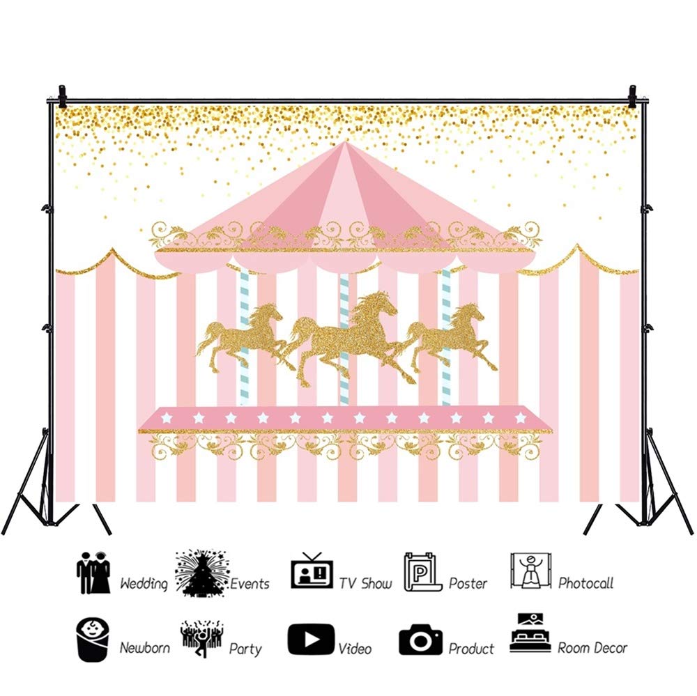 Dashan 7X5Ft Polyester Carousel Backdrop Gold Sequins Pink Stripe Photography Background Baby Girl 1St Birthday Cake Smash Baby