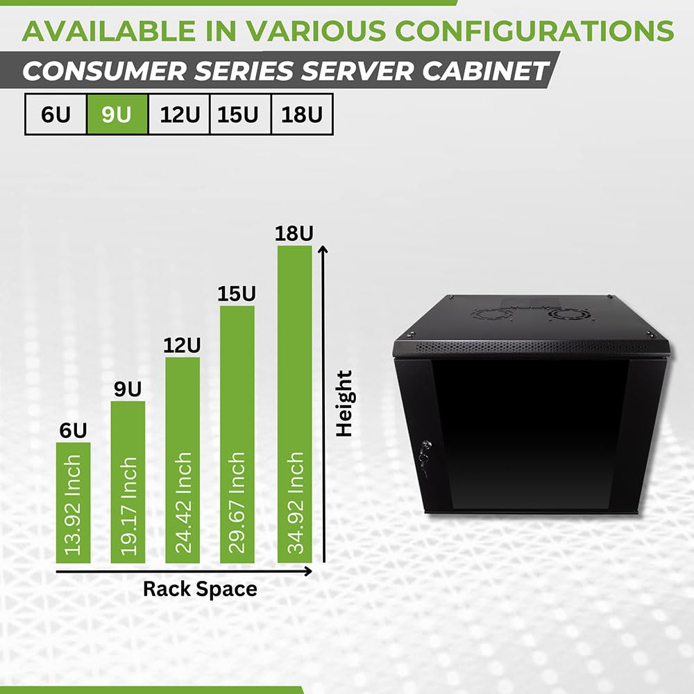 Navepoint 9U Server Rack Enclosure With Glass Door, Cooling Fan, Locks, & Removable Side Panels   9U Wall Mount Network Cabinet