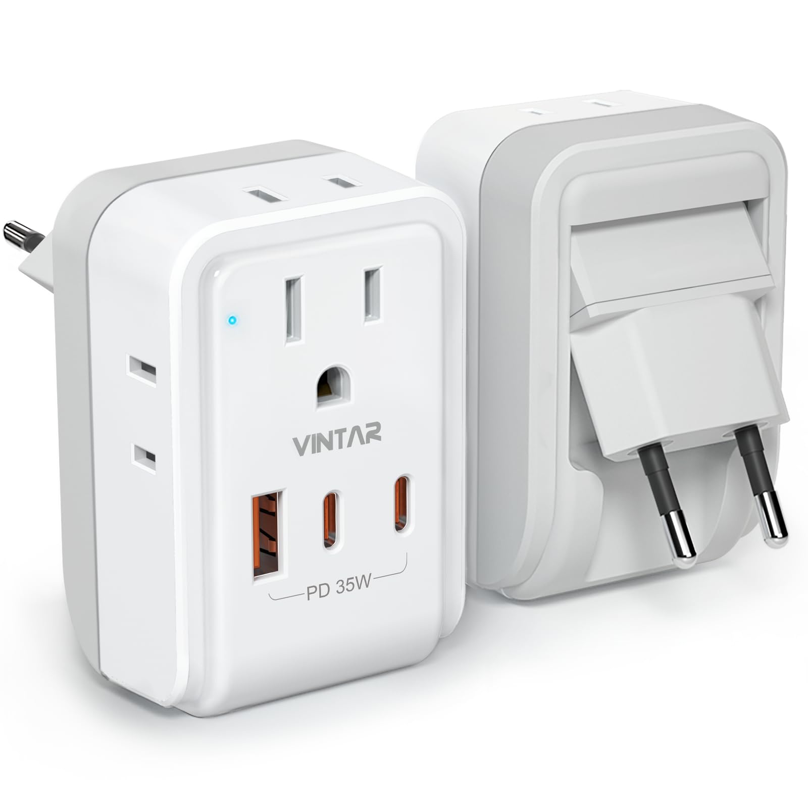 1 Pack European Travel Plug Adapter, Vintar Pd 35W Foldable Type C Adapter With 4 Ac Outlets 3 Usb Ports(2 Usb C), Travel Essent