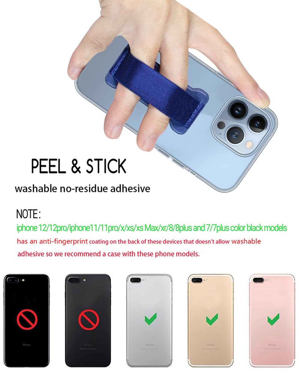 Wuoji Phone Grip Holder For Hand, Universal Finger Strap Phone Holder, Finger Selfie Grip Compatible With Most Smartphones (Blue