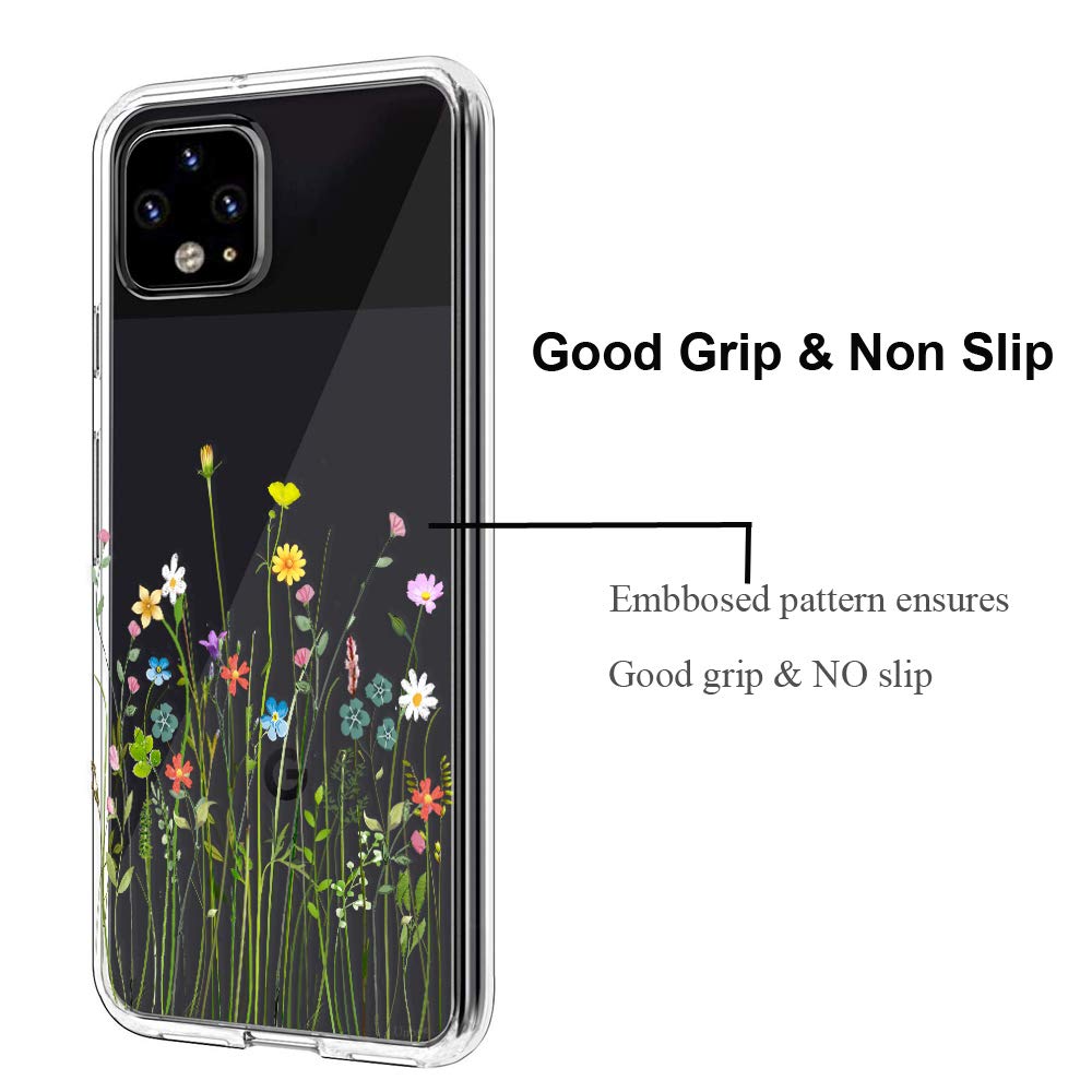 Unov Pixel 4 Case Clear With Design Soft Tpu Shock Absorption Slim Embossed Floral Pattern Protective Back Cover For Pixel 4 (5.