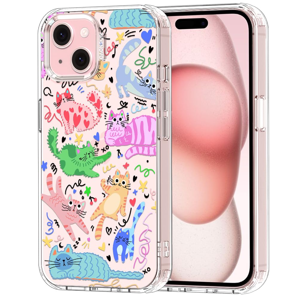 MOSNOVO for iPhone 15 Case, Shockproof Military-Grade Protection 6.6ft Drop Tested, Clear Phone Case for iPhone 15, Doodle Cats 