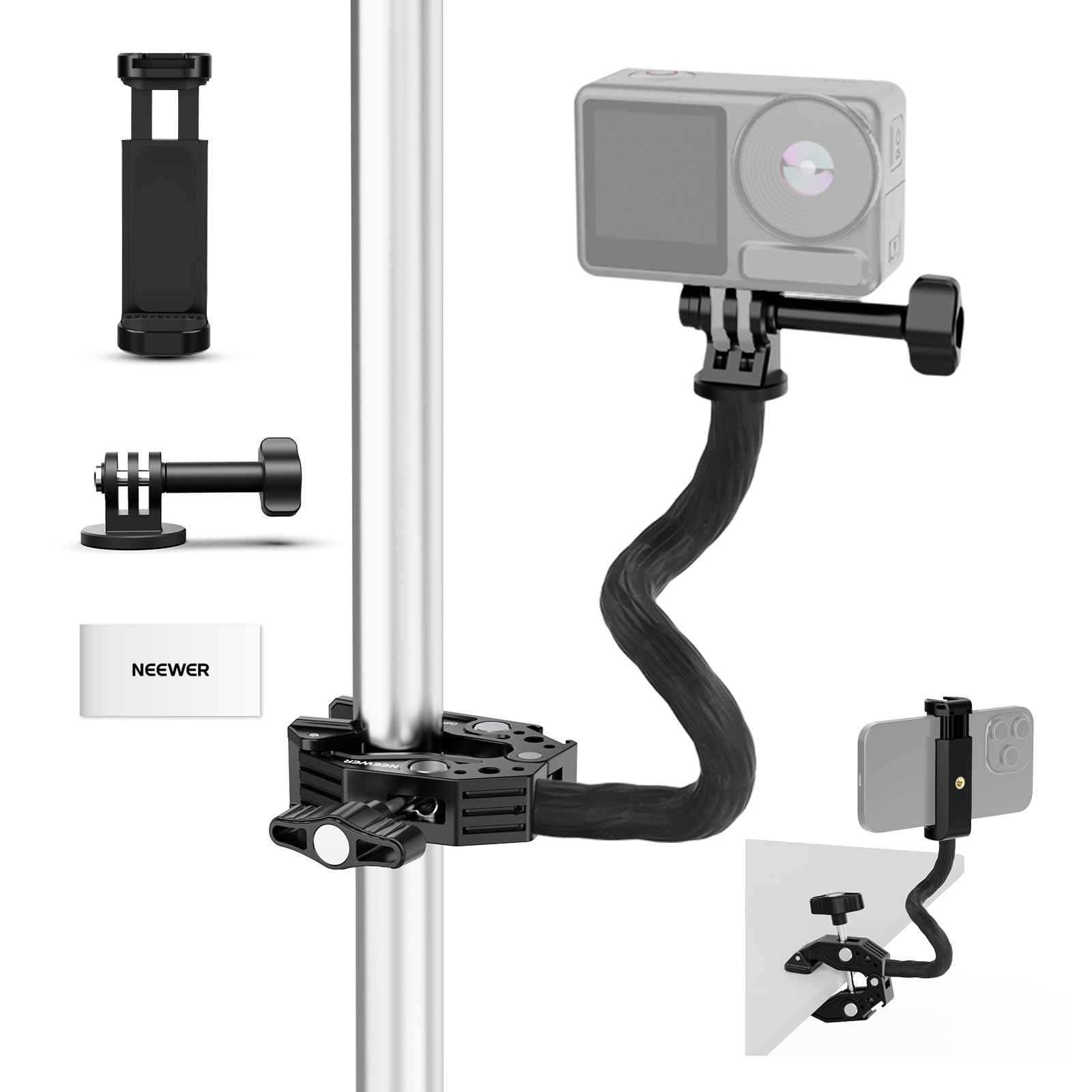 Neewer Action Camera Mount Kit With Super Clamp, Soft Tube, Adapter, Phone Holder For Flat/Round Surfaces, Compatible With Gopro