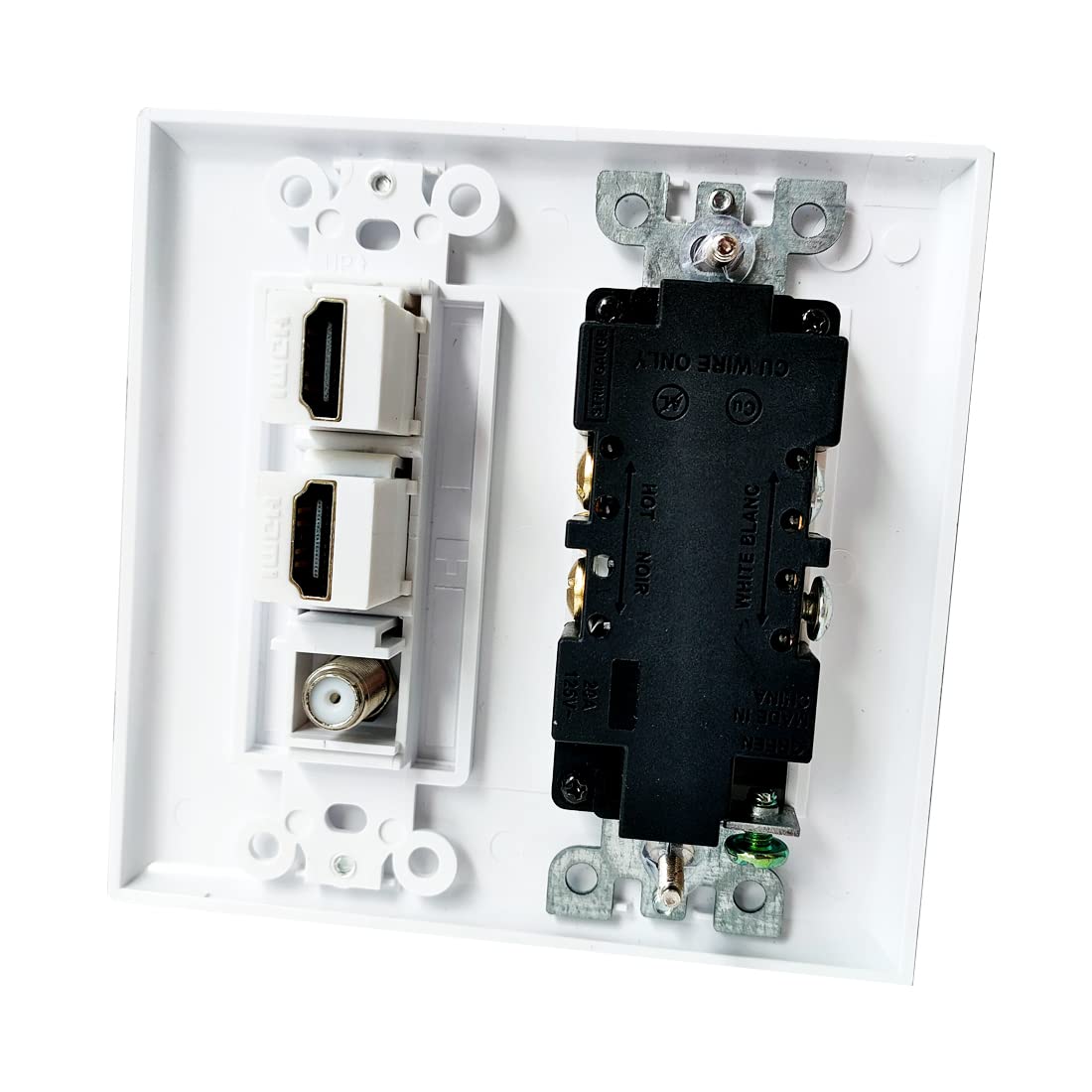 Boplat 20Amp Power Outlet With 2 Hdmi Coax Wall Plate   Electrical Outlet With 2 Port Hdmi Keystone Jack, 1 Coax Cable Tv F Type