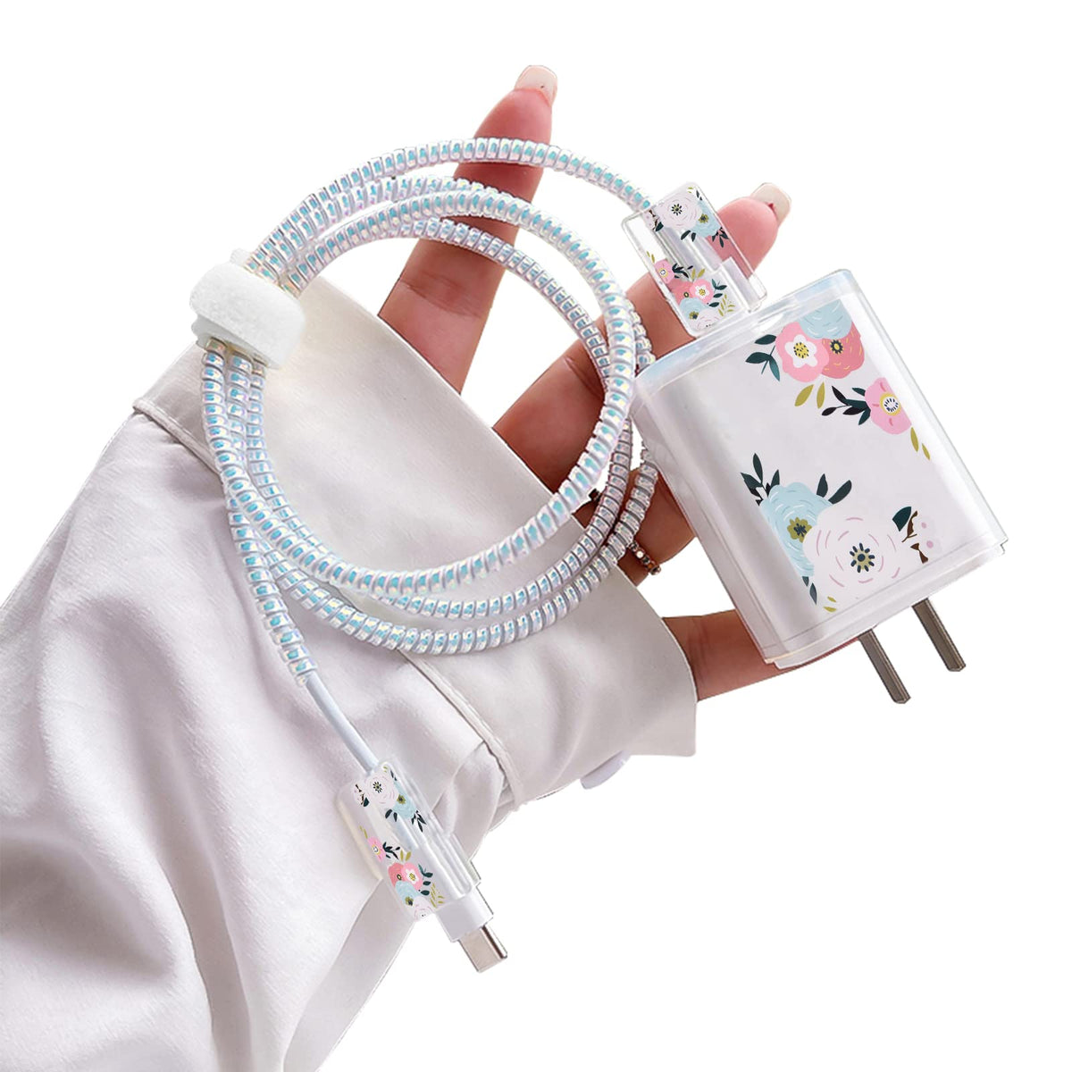 Cute Diy Protectors Cable Protector For Iphone Charger,Elegant White Flowers Pattern,Data Cable Charger Data Line Earphone Wire 