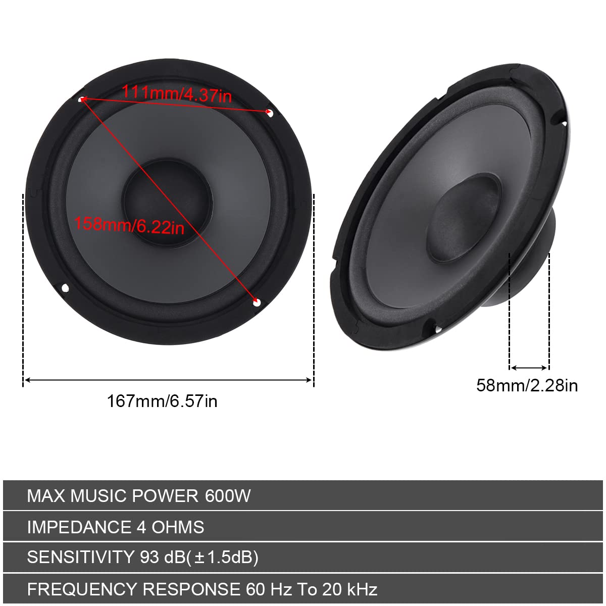 Drisentri Car Audio Loudspeaker, 6.5 Inch 600W 2 Way Car Hifi Coaxial Speaker Vehicle Door Auto Audio Music Stereo