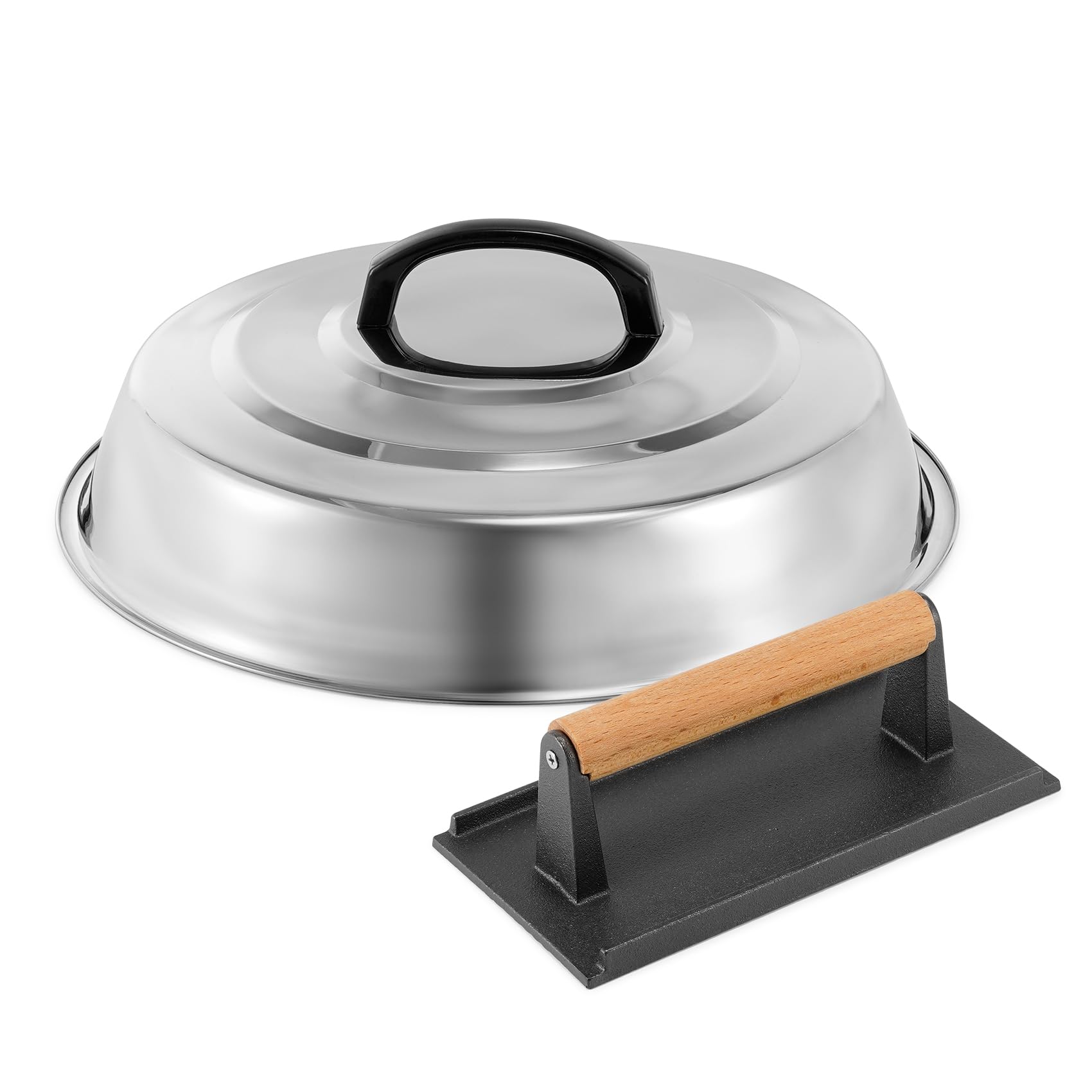 BBQ Accessories 12 Inch Round Stainless Steel Basting Cover - Cheese Melting Dome Rectangle Cast Iron Grill Press Kit for Hambur