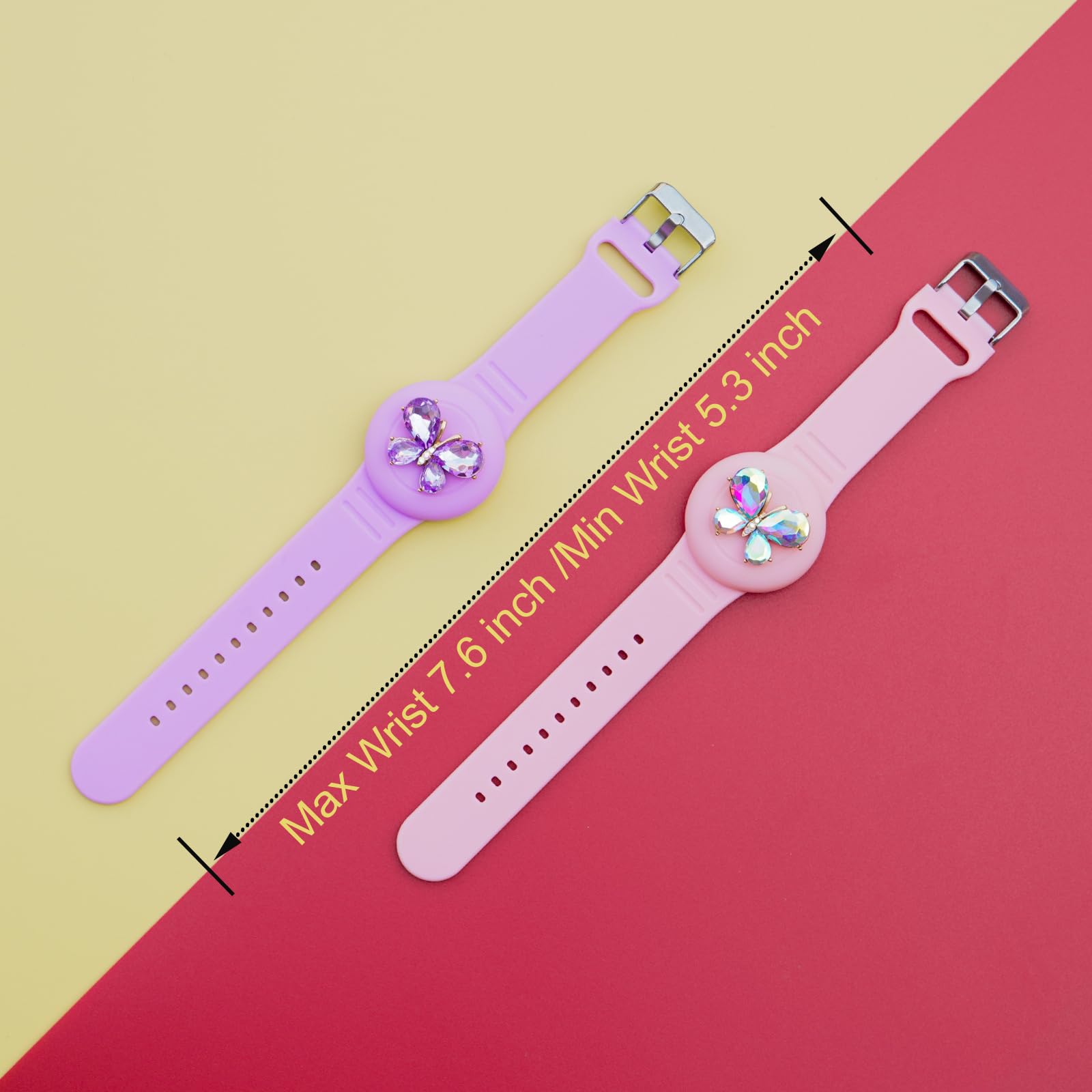 Xeewen 2 Pack For Airtag Waterproof Watch Bracelet Cute Holder For Kids, Pink Purple Wristband Cover (Butterfly)