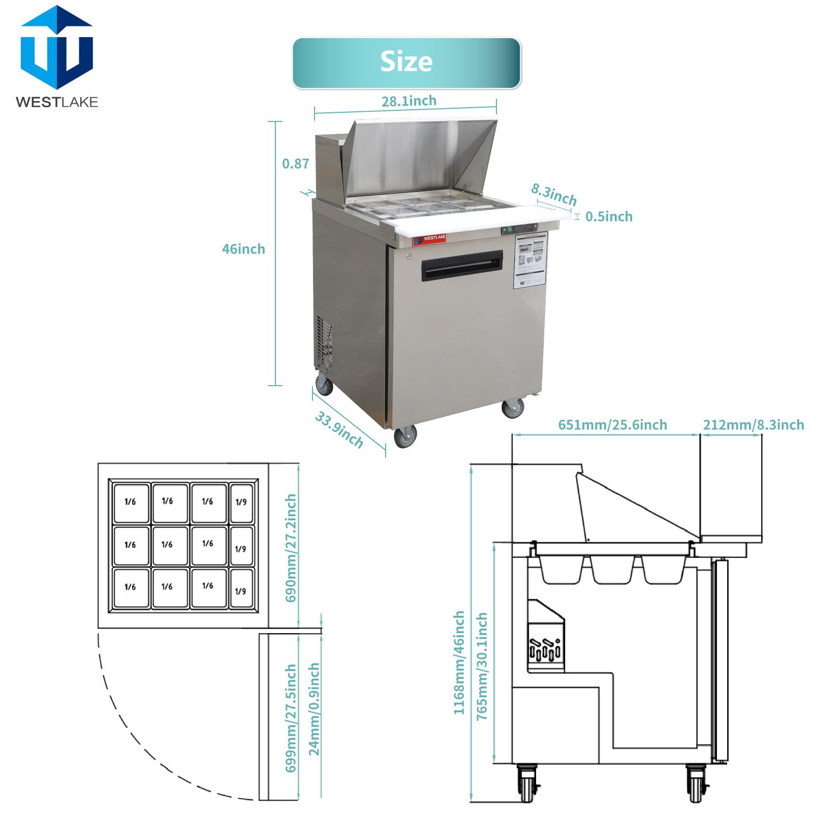 Westlake 27'' W Refrigerator Sandwich & Salad Prep Table Commercial Single Door Mega Top Refrigerator Stainless Steel Counter Fa
