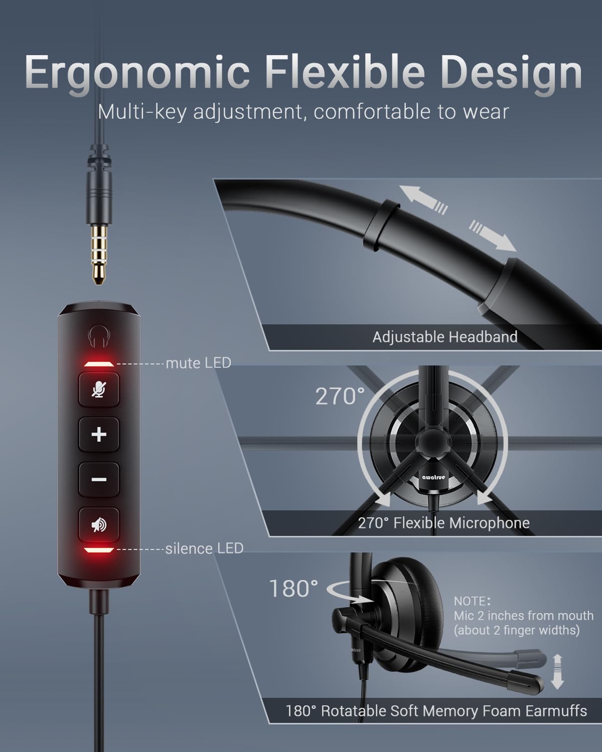 Awatrue Computer Usb Headset With Microphone For Pc   Headphones With Noise Cancelling Microphone On Ear Wired Headset Mic Mute