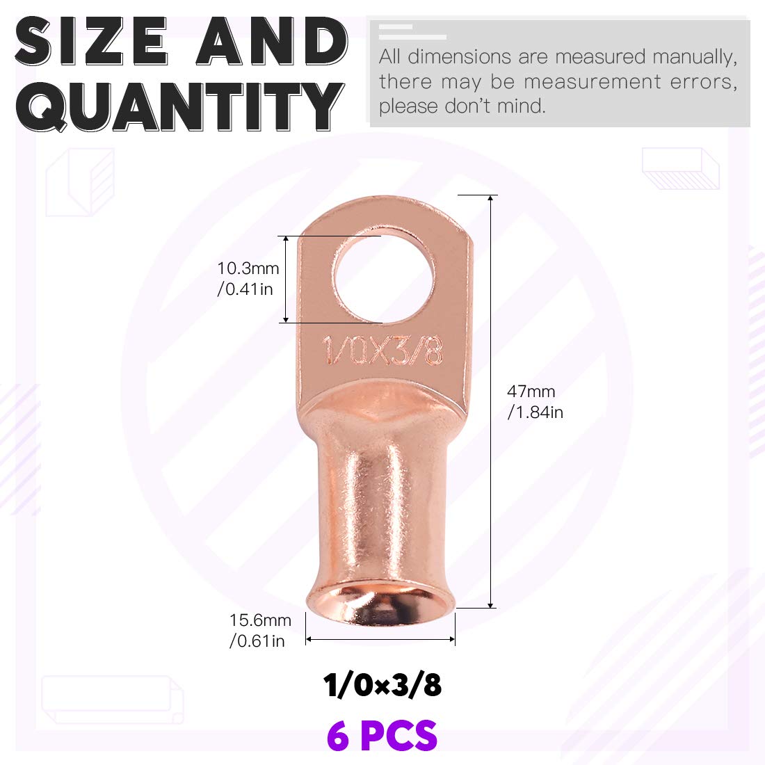 Swpeet 6Pcs 1/0 Awg   3/8'' (M10) Ring Terminals Ul Listed Copper Battery Cable Lugs Wire Lugs, Battery Cable Ends Bare Copper E