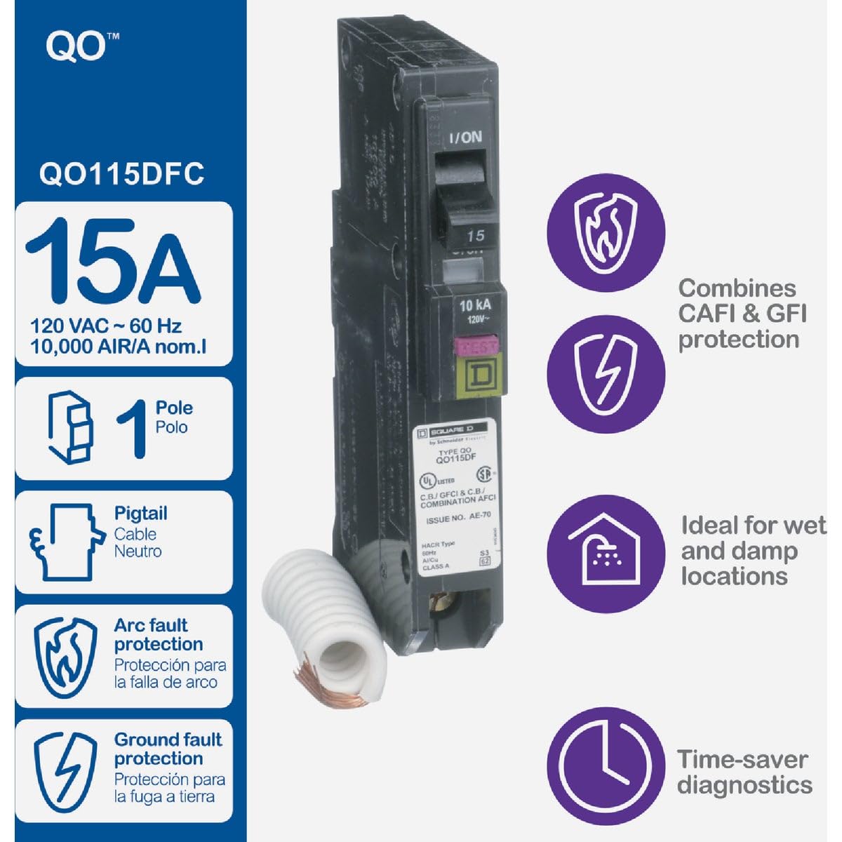 Square D Qo 15 Amps Arc Fault/Ground Fault Single Pole Circuit Breaker
