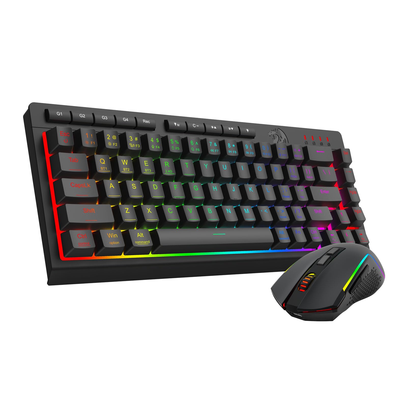 Redragon Wireless Gaming Keyboard and Mouse Combo, Bluetooth/2.4G/USB-C Wired, RGB Backlit, 60% Portable Quiet Rechargeable Memb
