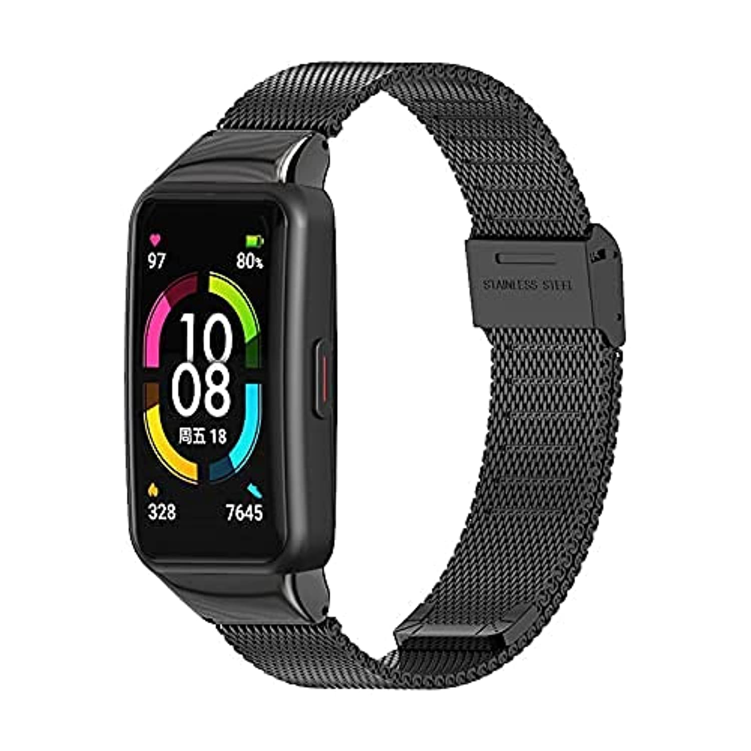 3Chome Strap For Honor Band 6 Smart Wristband, Stainless Steel Bands Wrist Watch Replacement Bracelet (Black)