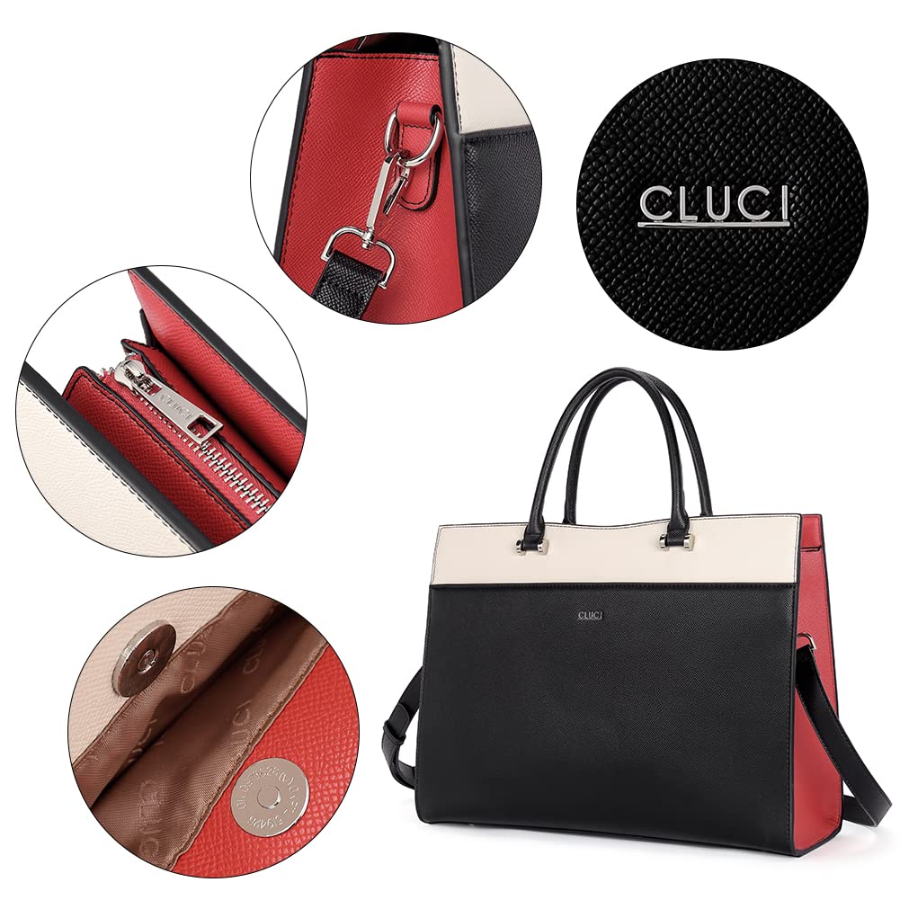 Cluci Leather Women Briefcase Office Laptop Bag Shoulder 15.6Inch Computer Handbag Black With Beige