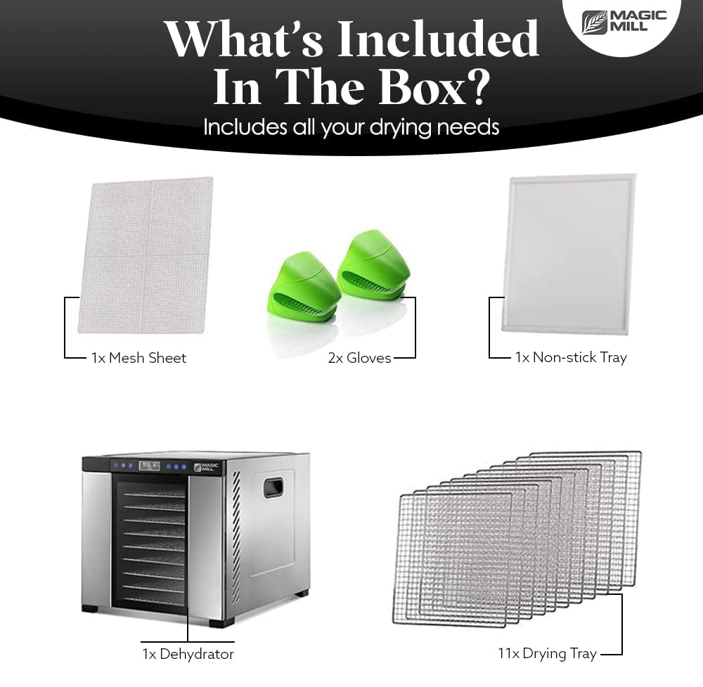 Magic Mill Food Dehydrator Machine | 11 Stainless Steel Trays | Adjustable Timer And Temperature Control | Jerky, Herb, Meat, Be