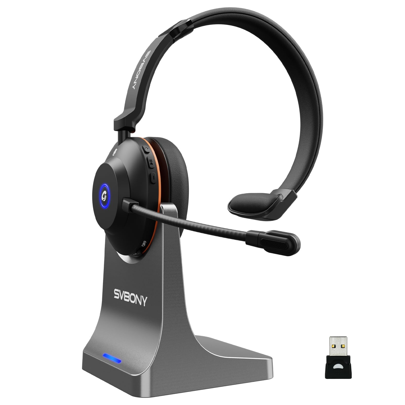 SVBONY SVN H1 Wireless Headset with Mic for Work, Bluetooth Headset with Joystick Mute and ENC Noise Cancelling, USB Dongle, Cha