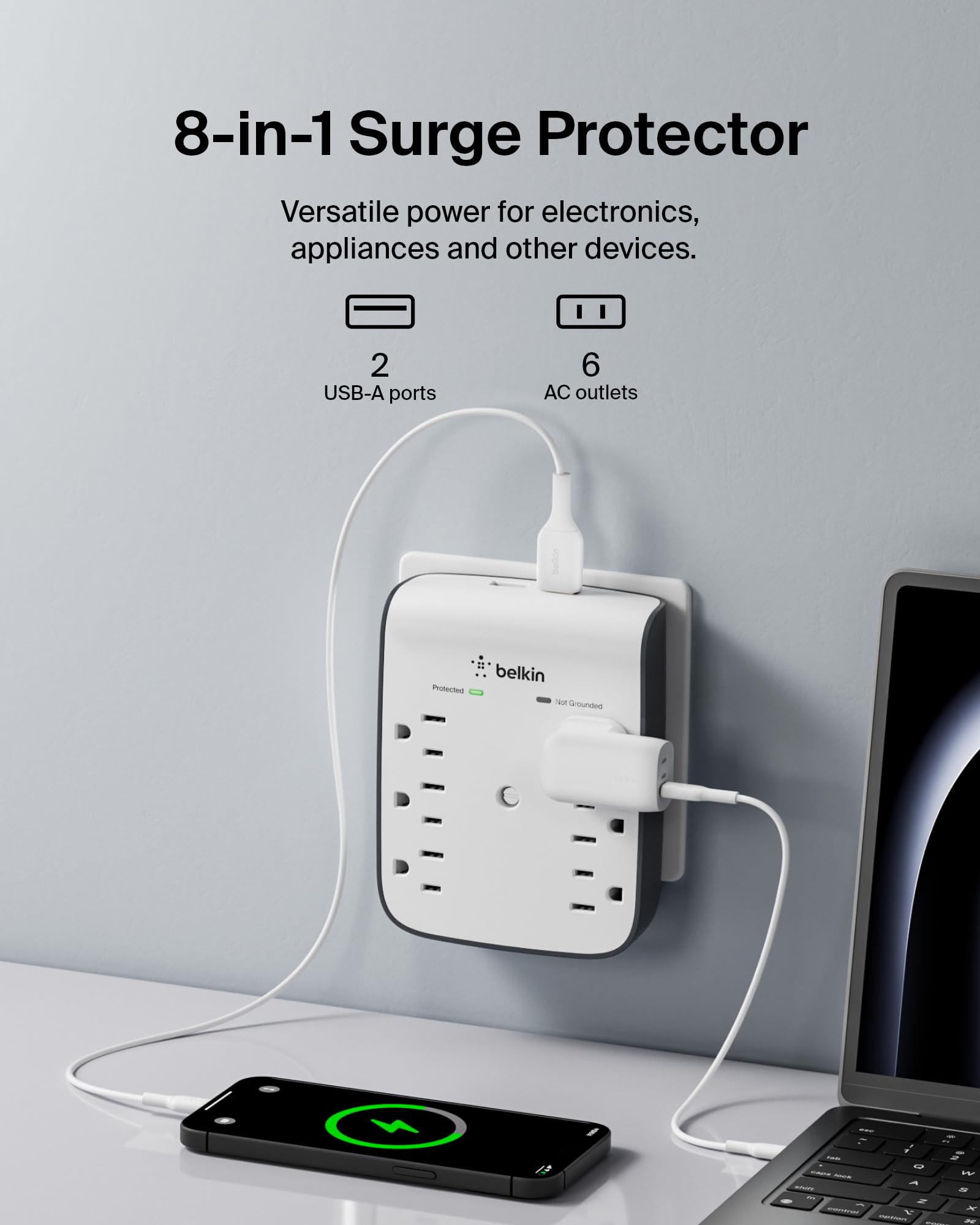 Belkin 6-Outlet Wall Surge Protector W/ 2 Usb-A Ports, Wall-Mountable Surge Protector For Home, Office, Travel, Computer Desktop