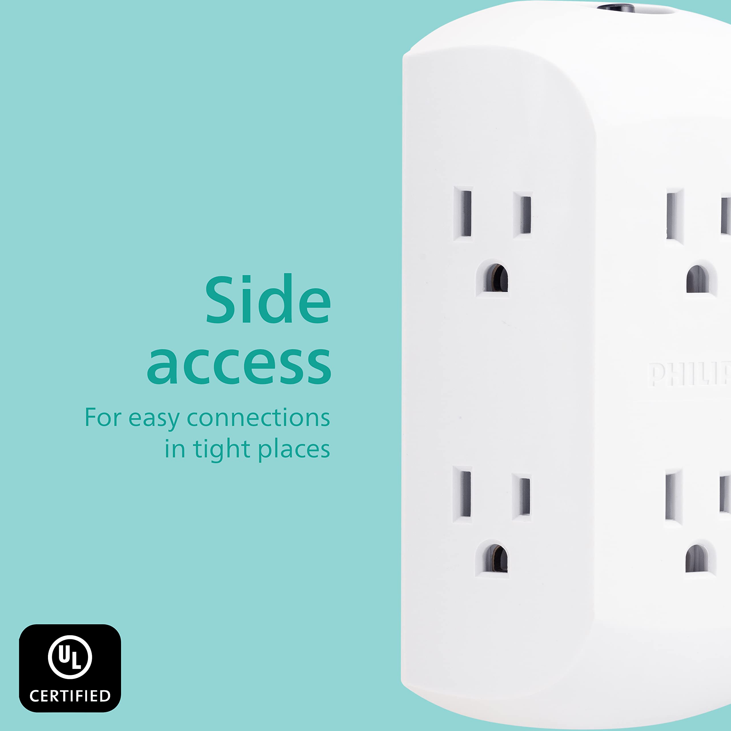 Philips 6 Outlet Extender, 4 Pack, Grounded Wall Tap, Reset Button, Circuit Breaker, Adapter Spaced Outlets, 3 Prong, Quick And