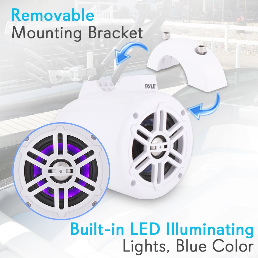 Pyle Waterproof Marine Wakeboard Tower Speakers - 4In Dual Subwoofer Speaker Set W/Led Lights & Bluetooth For Wireless Music Str